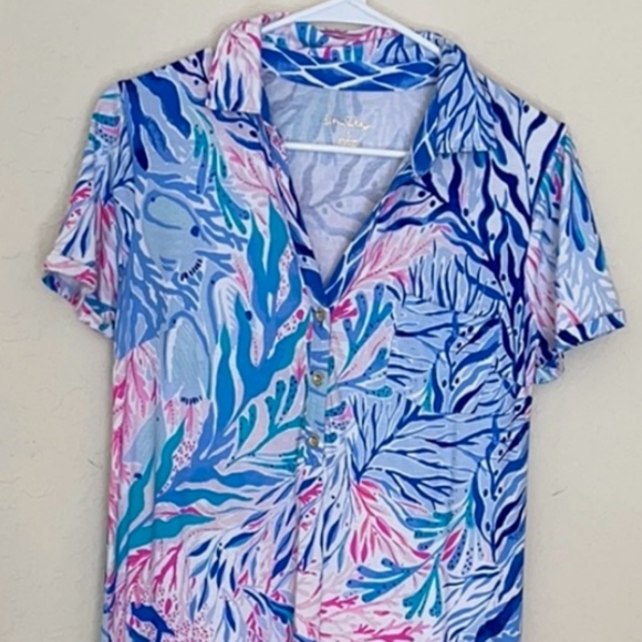 ❤️ Lilly Pulitzer UPF 50+ Sadie Polo Dress Crew Blue Tint Kaleidoscope Coral - Picture 2 of 6